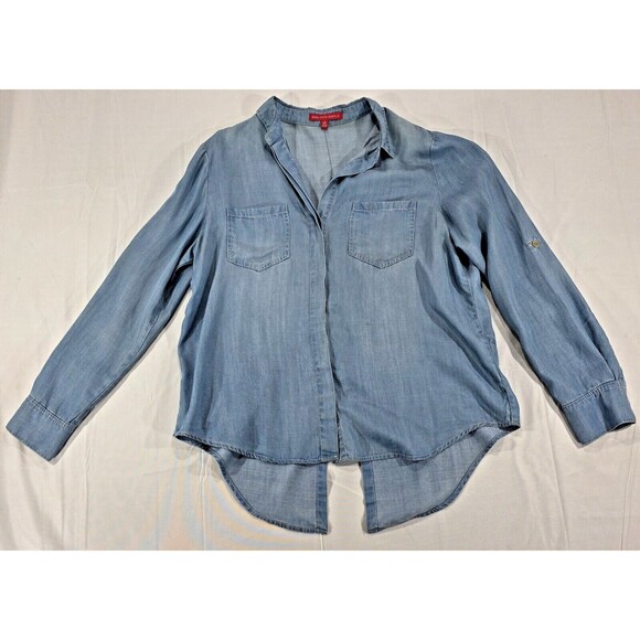 Saks Womens Chambray Blouse Western Boho Long Sleeve Button Up Shirt Blue Large - Picture 1 of 15